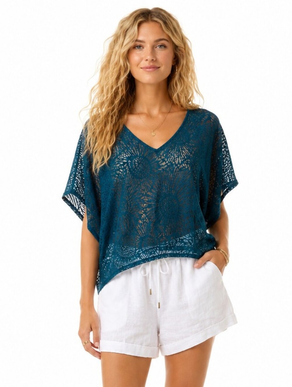 White House Black Market Oversized Sheer Lace Top Teal Boho Festival XXS - Picture 1 of 7